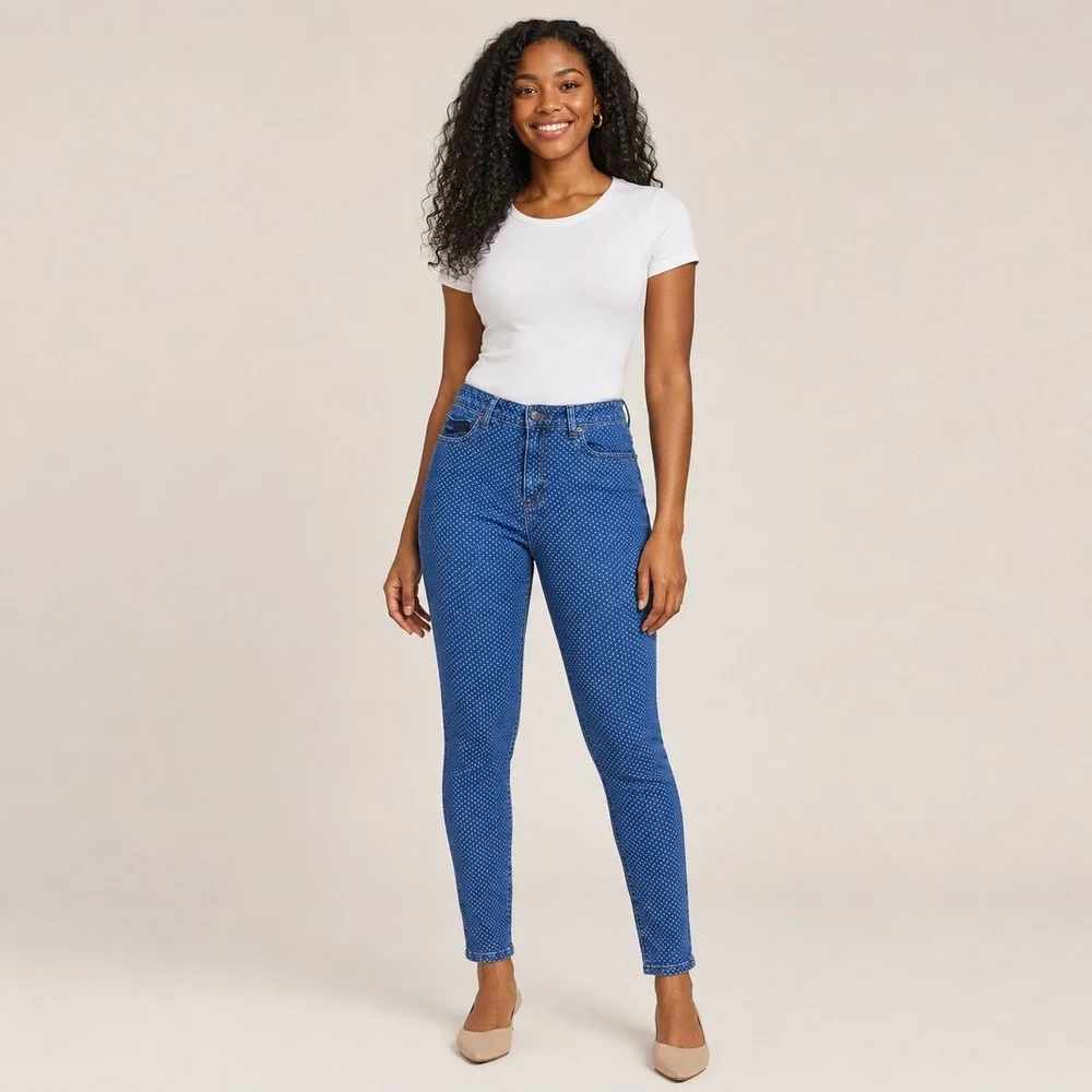 Michael Kors Skinny Jeans Womens 8 Blue Polka Dot High Rise Stretch Denim Casual